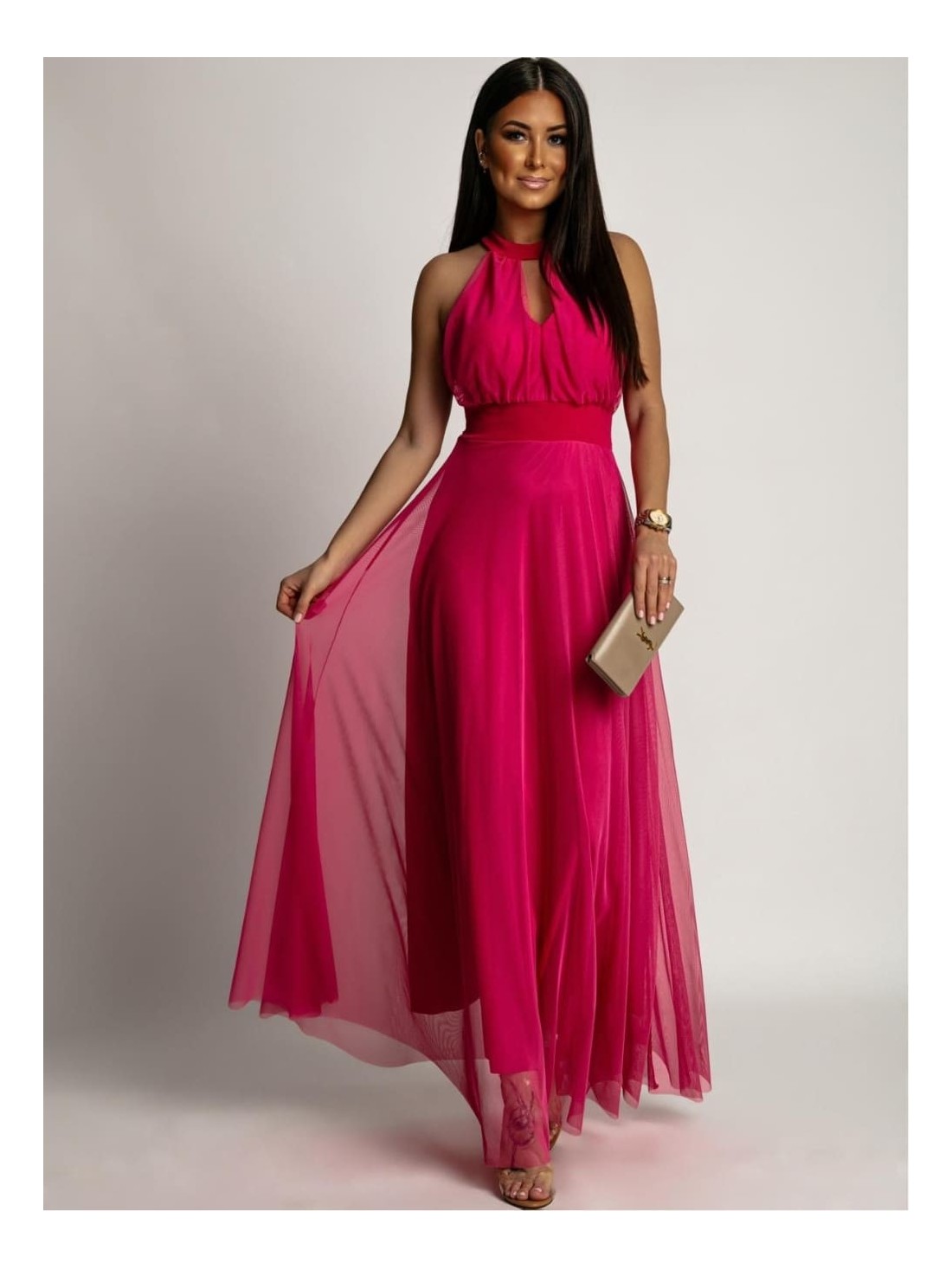 Elegant dress with tulle bottom, dark pink AZR156